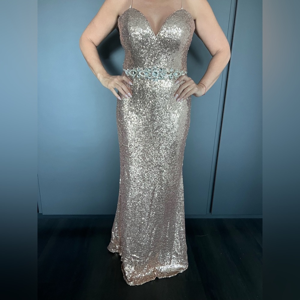 MAC DUGGAL 77427L DRESS, champagne sequins
